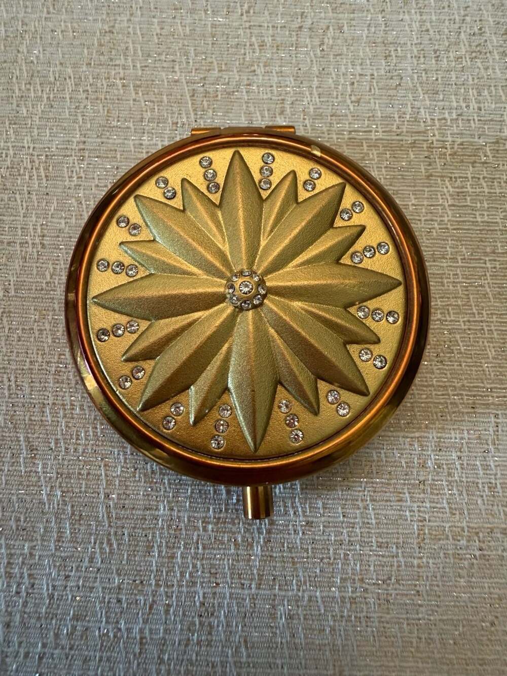 Vintage Gold-Tone Starburst Bejeweled Folding Pocket Compact Mirror